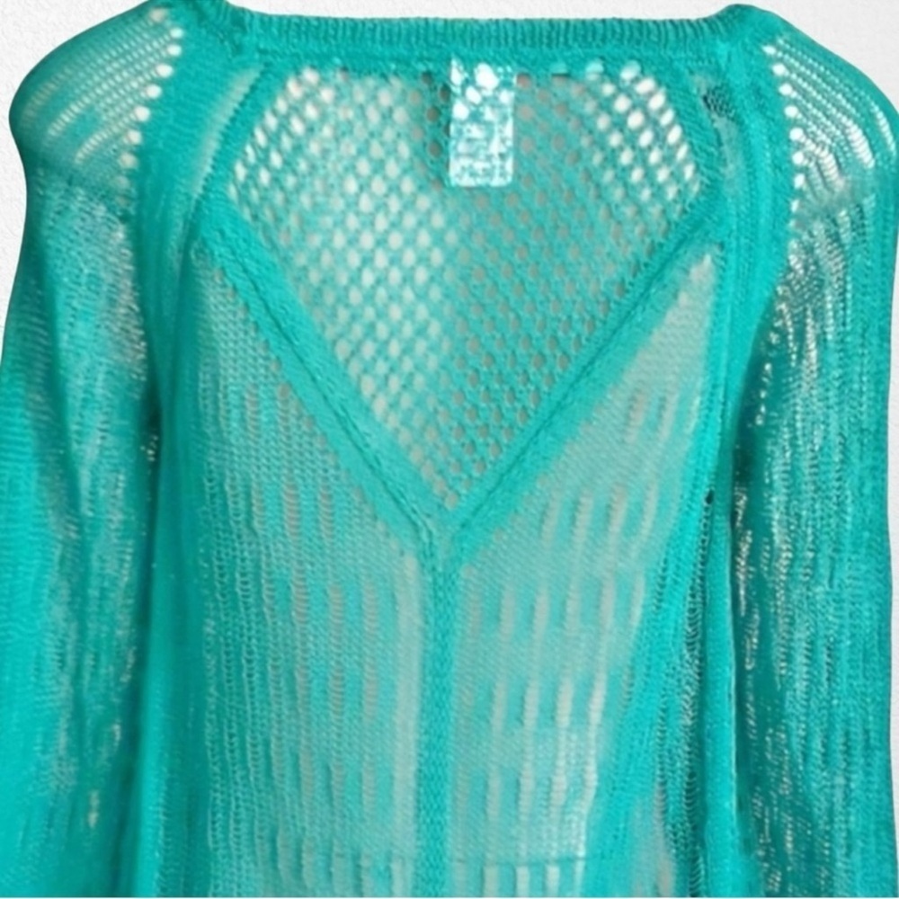 L*SPACE Vista Beach Crochet Sweater Fringe Coverup Teal SZ XS - Picture 7 of 9